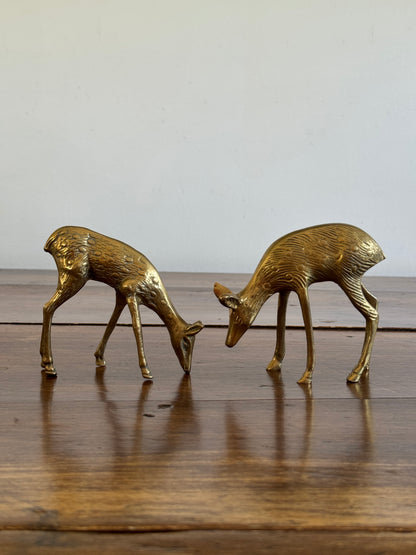 Pair of Vintage Brass Deer Figurines - Grazing Brass Deer