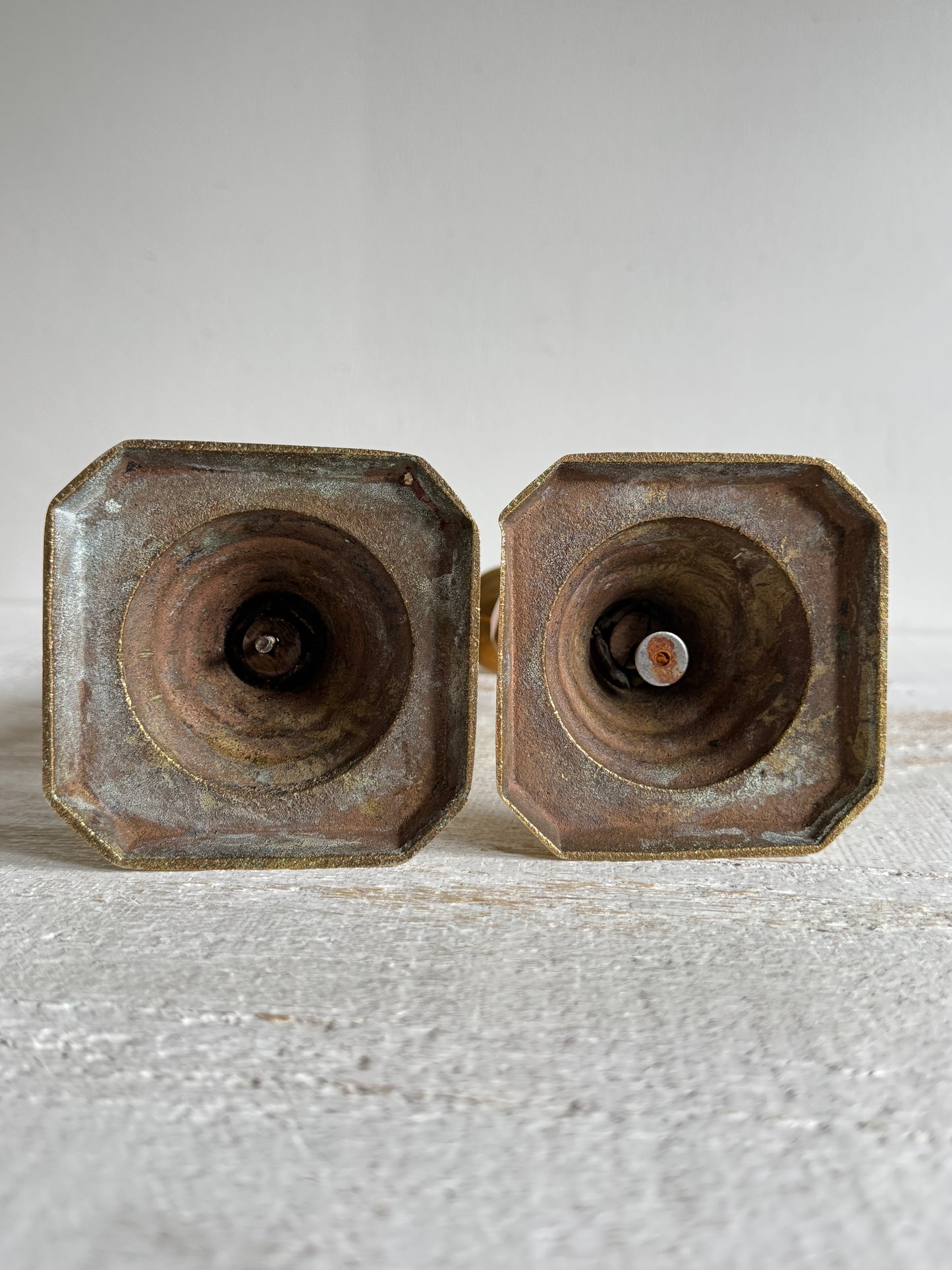 Vintage Pair of Brass Candlestick Holders with Push Up Base Design