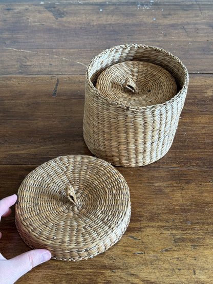 Set of Two Nesting Baskets - Woven Small Storage Baskets with Lids