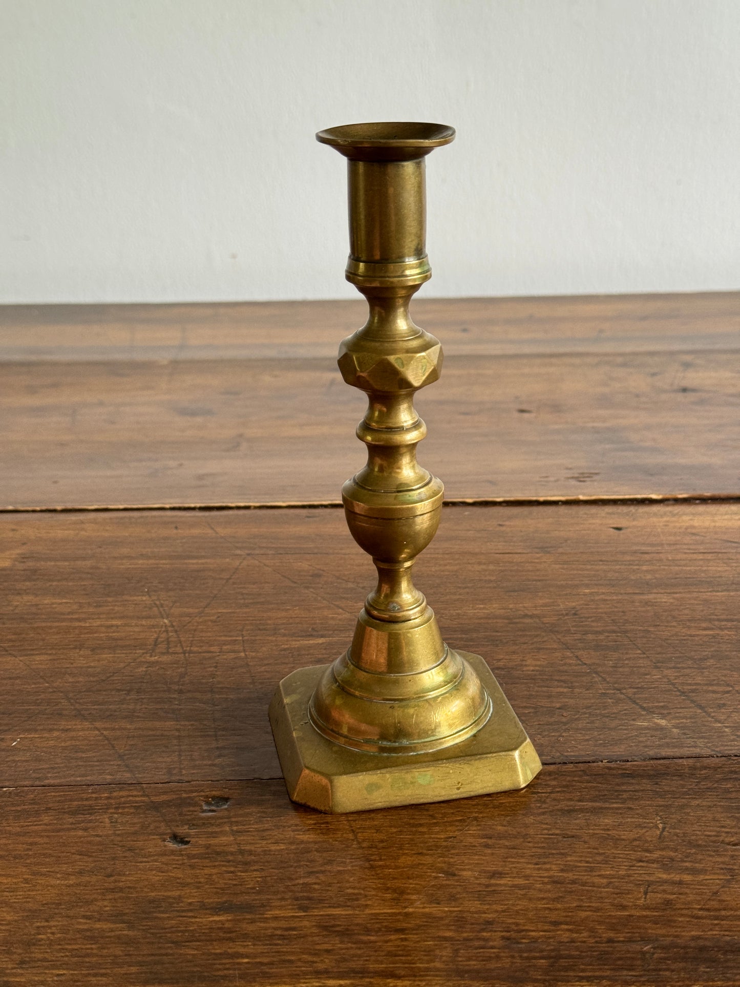 Single Vintage Brass Candlestick Holder with Squared Base and Ornate Post Detailing