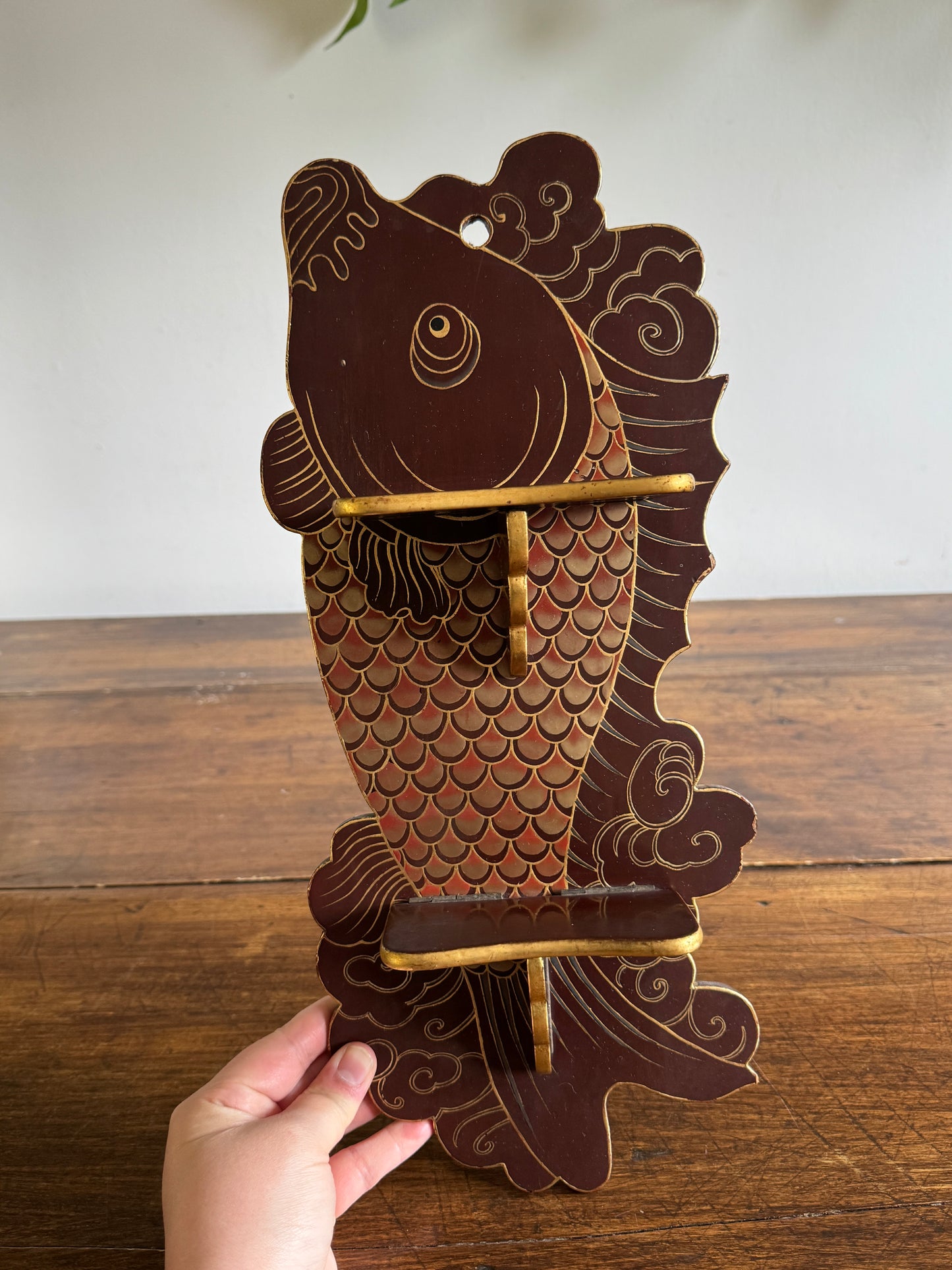 Vintage Wood Folding Koi Shelf with Two Small Ledges
