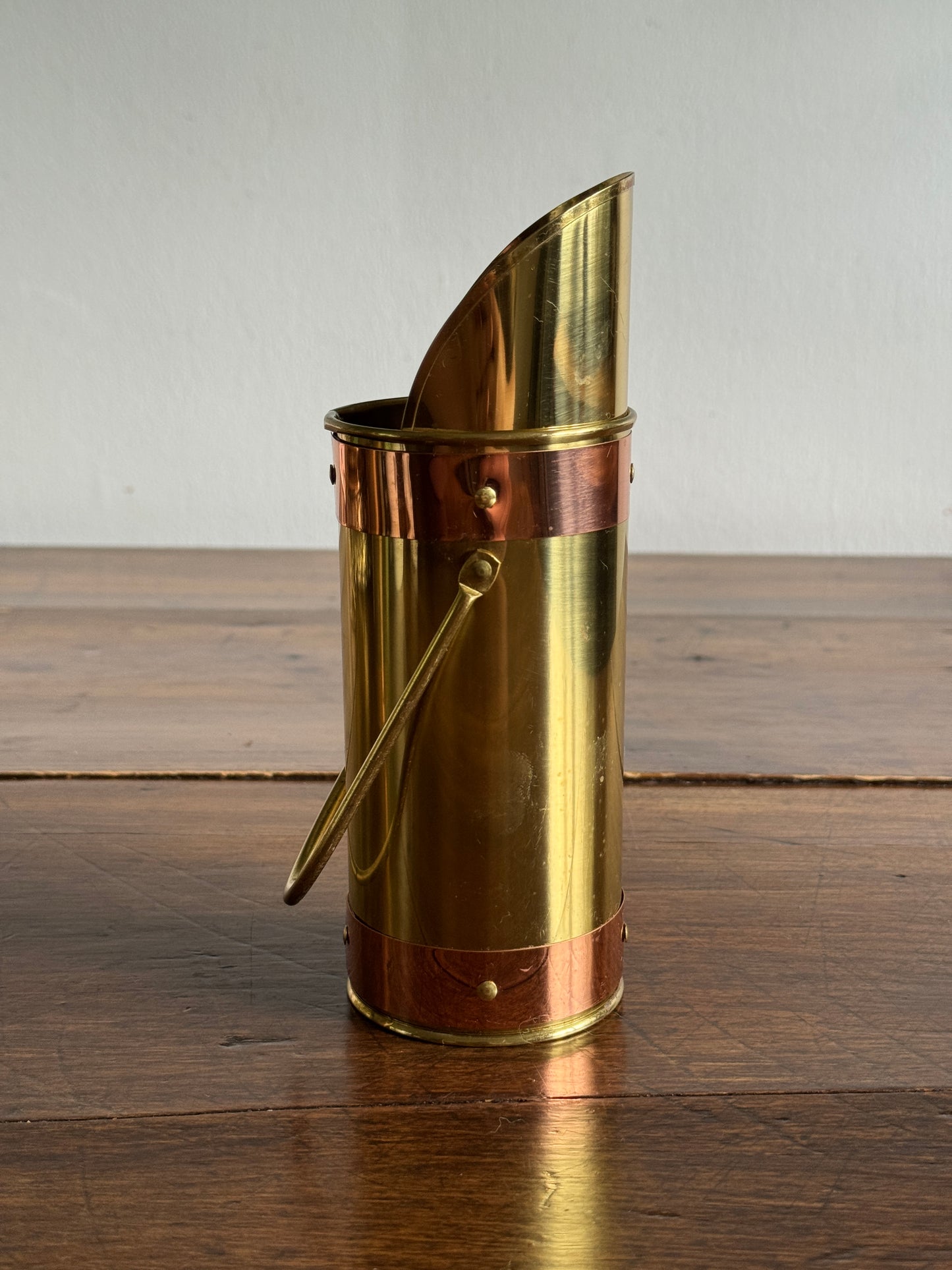 Shiny Brass Long Match Holder with Scooped Opening and Handle