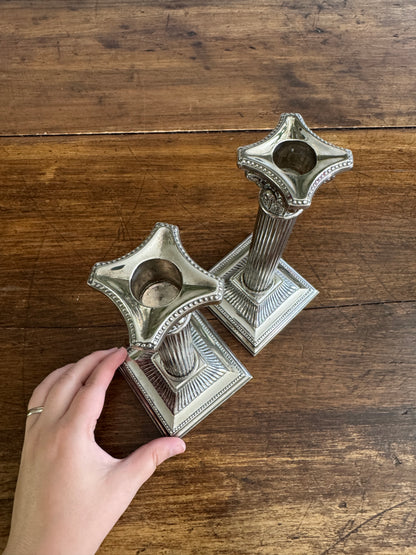 Silver Plated Column Candleholders - Greek Column Candle Holder Pair