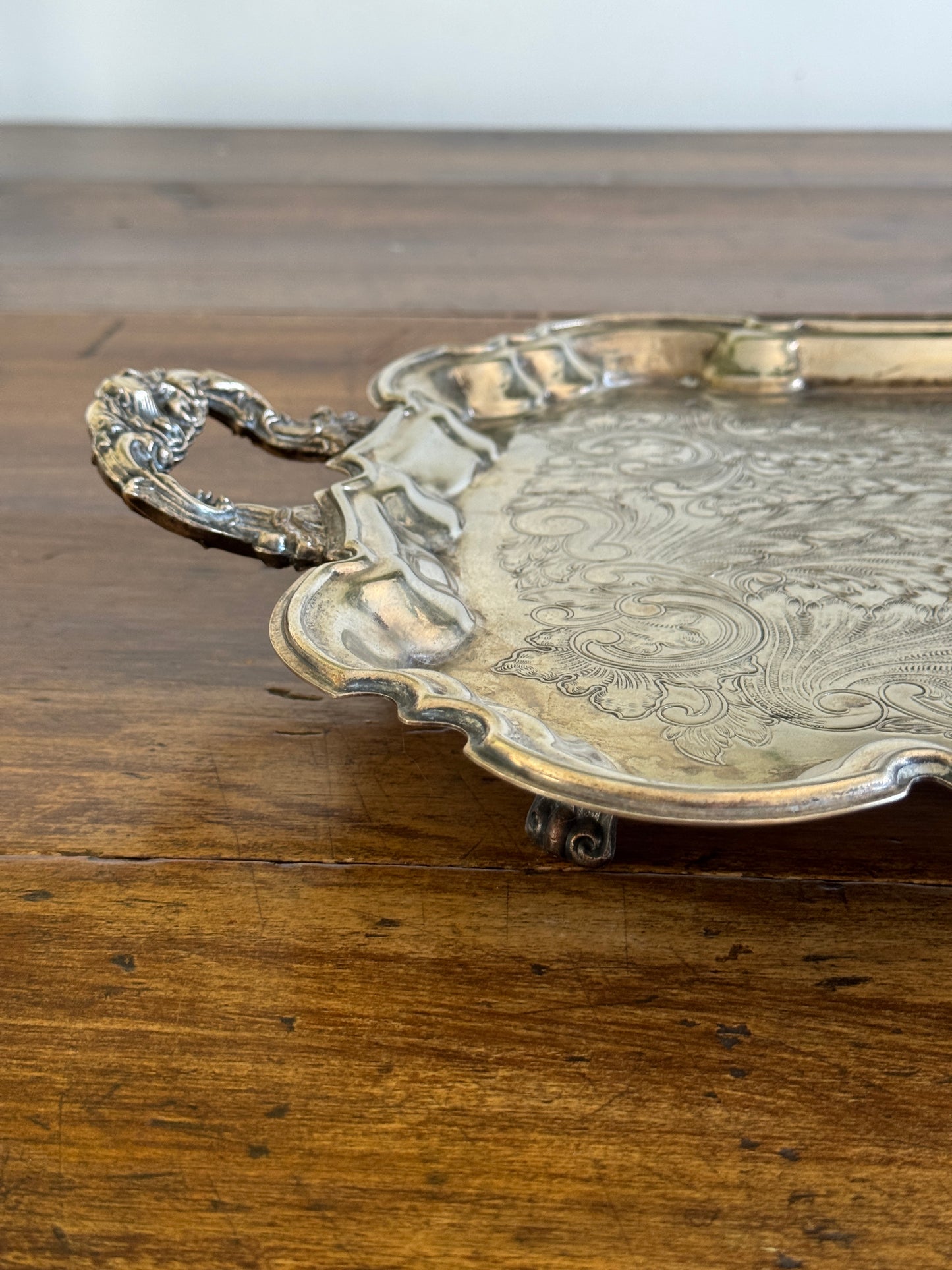 Vintage Large Leonard Silver Plated Over Brass Ornate Serving Platter with Raised Feet and Etched Detailing - Silver Plated Butler Tray