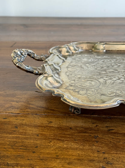Vintage Large Leonard Silver Plated Over Brass Ornate Serving Platter with Raised Feet and Etched Detailing - Silver Plated Butler Tray