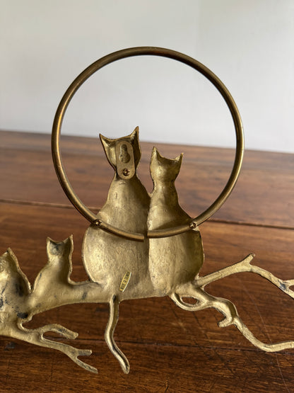 Brass Cats on Branch with Moon Wall Hanging Sculpture