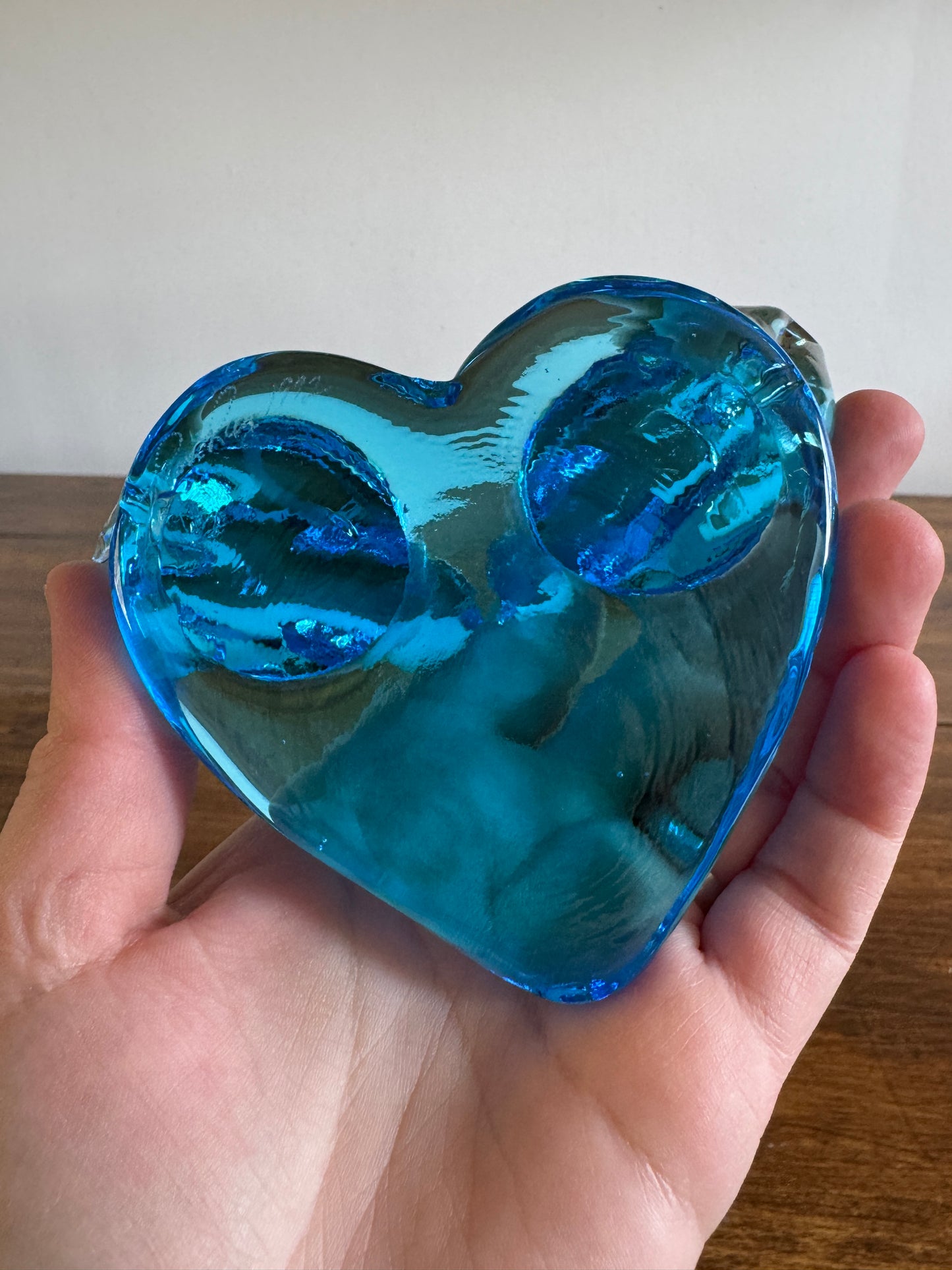 Vintage Glass Blue Birds of Happiness on Heart - Signed Paperweight
