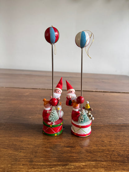 Two Wood Ornaments with Moveable Santa Figurine and Base Figurines - Made in Taiwan