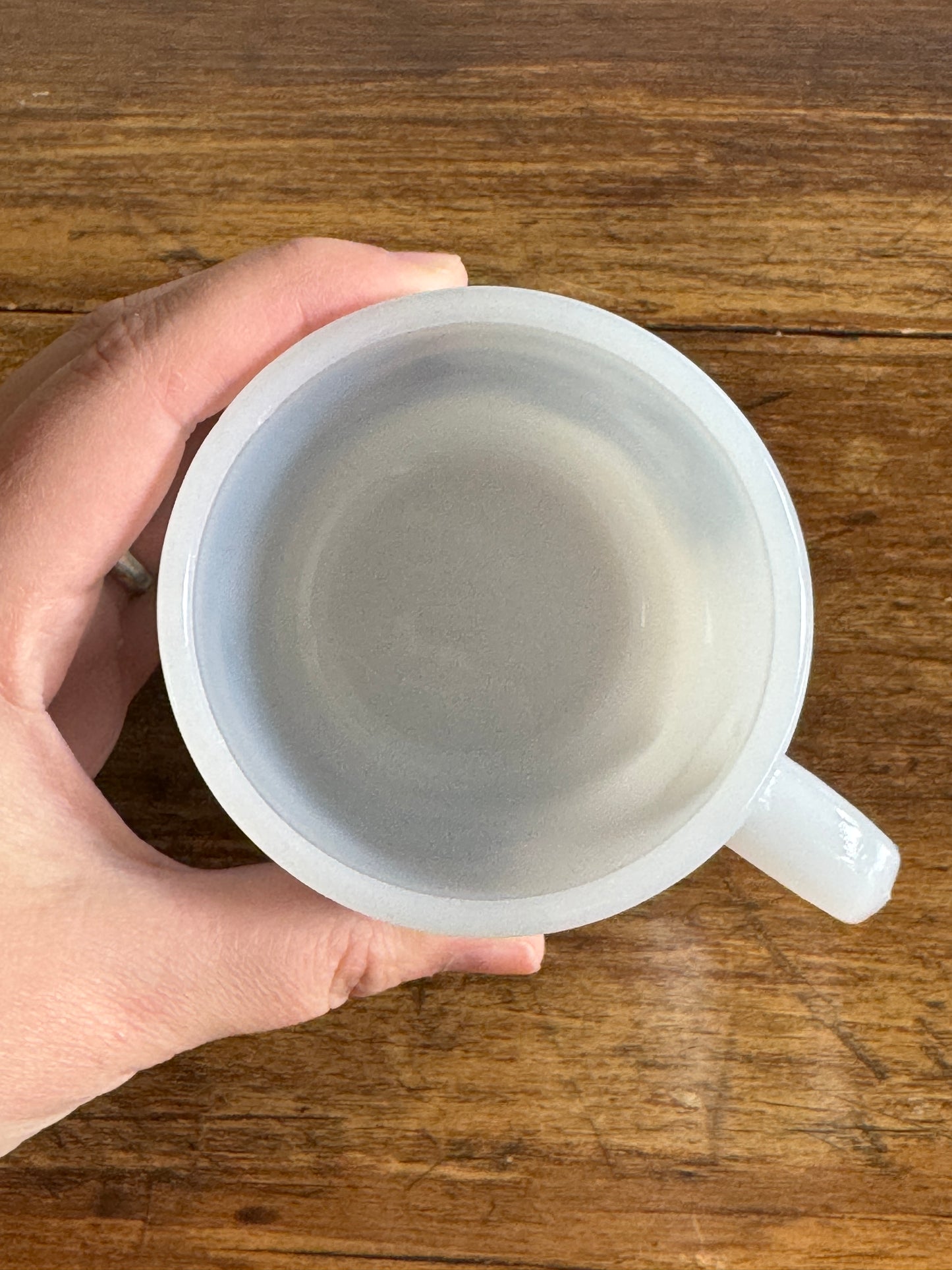 Vintage White Milk Glass Mug with Blue Vintage Train Design