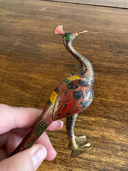 Brass Peacock Figurine with Etched and Enamel Painted Detailing
