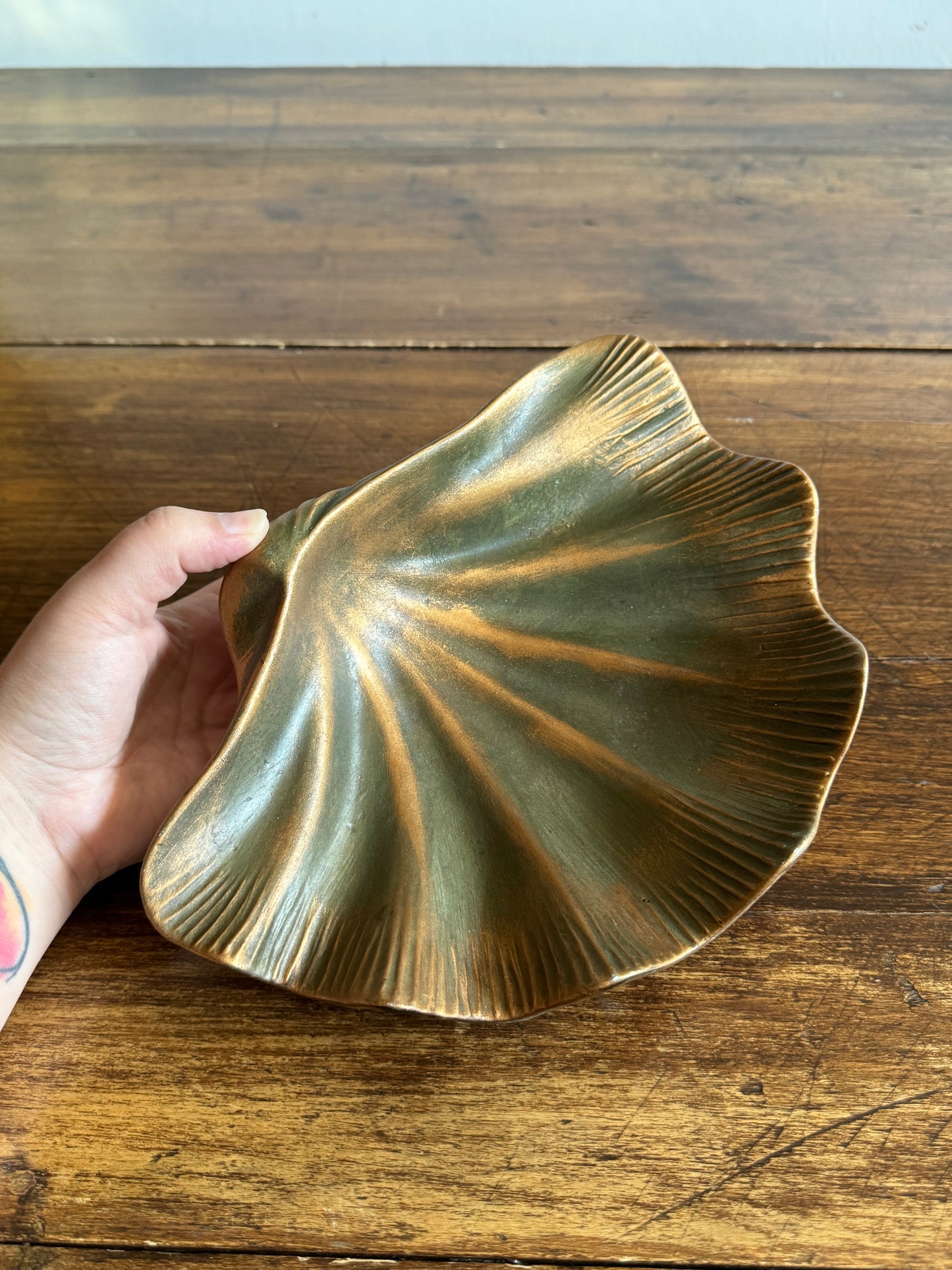 Pottery Shell Shaped Bowl with Faux Metal/Patina Finish - Made in Mexico