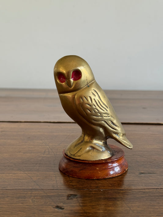 Vintage Brass Owl with Red Eyes on Wood Base