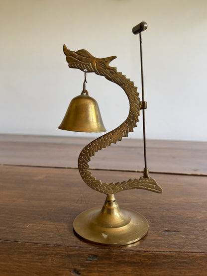 Vintage Brass Dragon Holding Bell with Small Hammer
