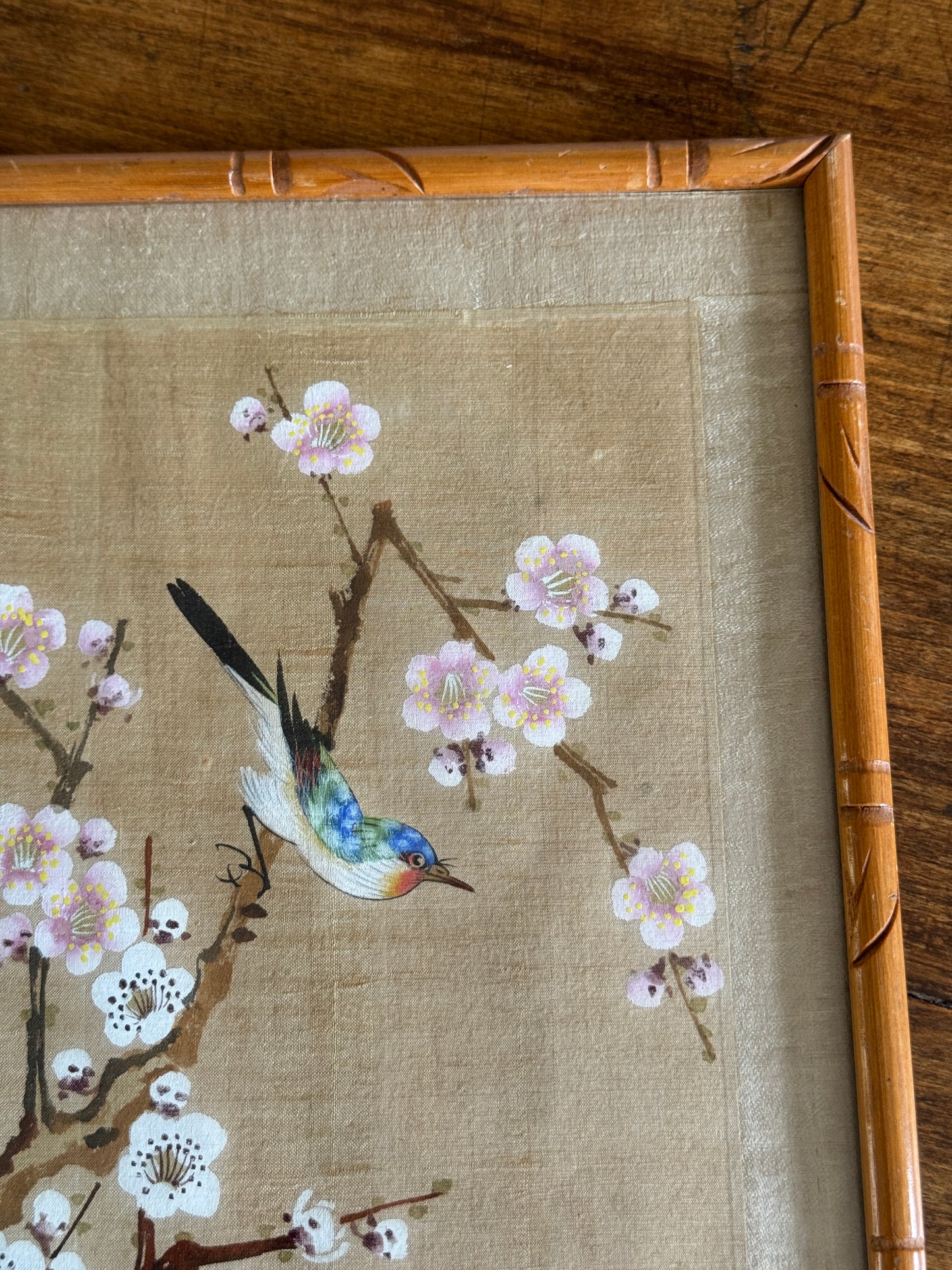 Vintage Bird Painting on Fabric Artwork in Simplistic Wooden Frame