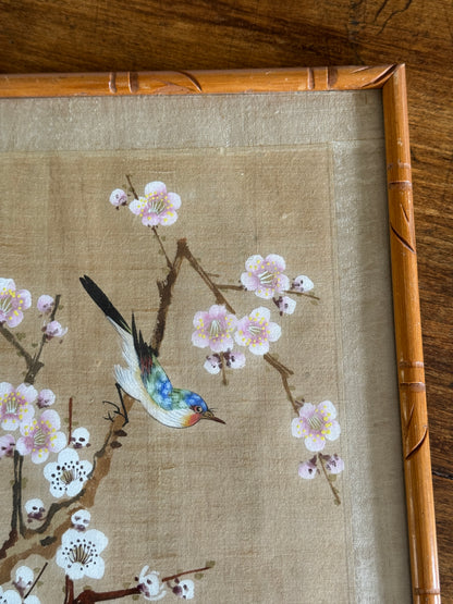 Vintage Bird Painting on Fabric Artwork in Simplistic Wooden Frame