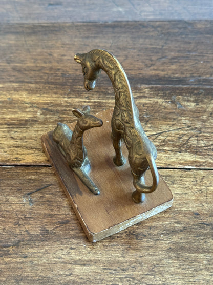 Vintage Small Brass Giraffes on Wooden Base