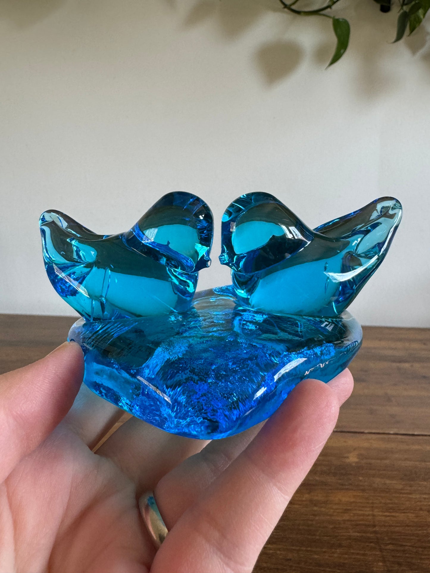 Vintage Glass Blue Birds of Happiness on Heart - Signed Paperweight