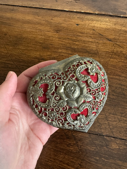Small Vintage Heart Box with Ornate Metal Detailing Over Red Felt - Mini Trinket Box