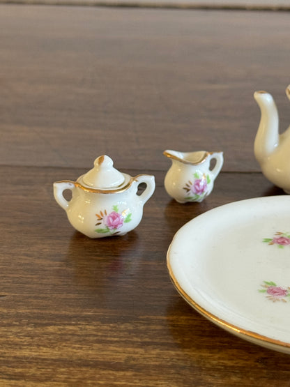 Vintage Unmarked Miniature Tea Set with Dainty Pink Flowers