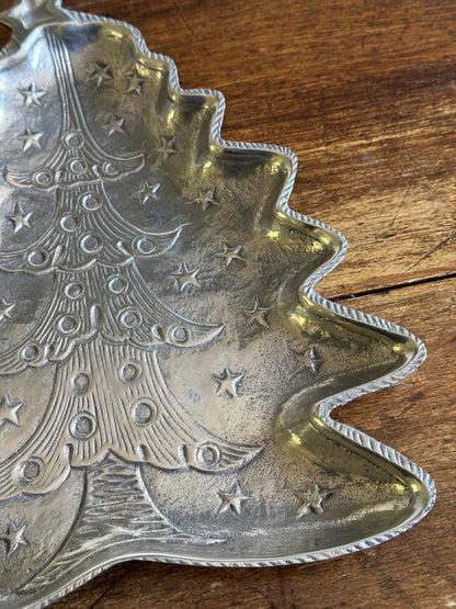 Silver-Tone Metal Christmas Tree Tray with Embossed Detailing