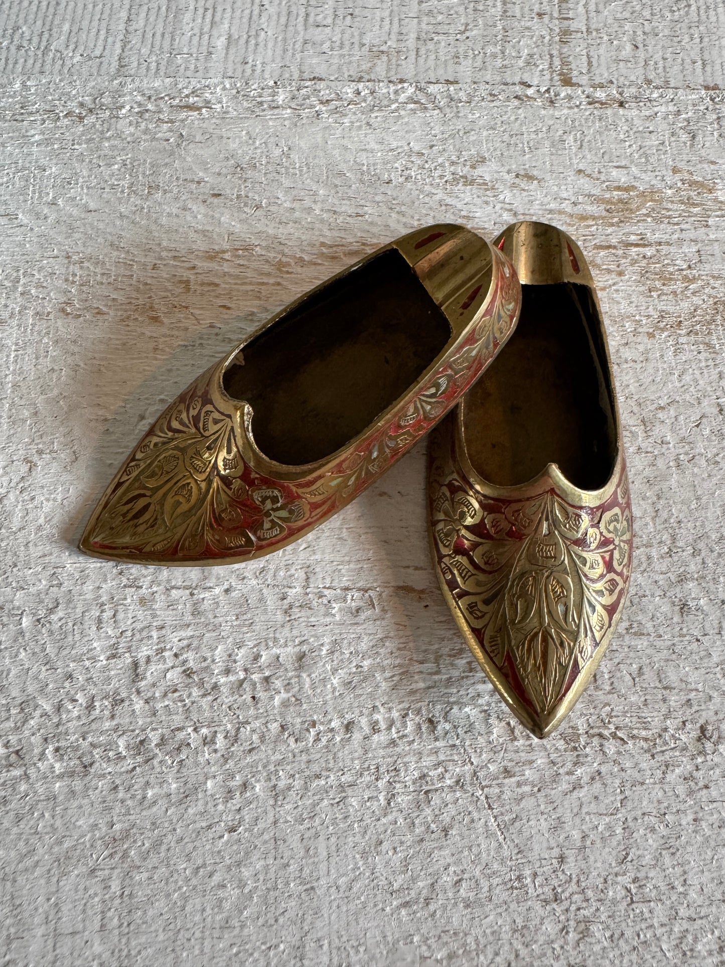 Vintage Pair of Brass with Enamel Shoe Figures - Collectible Ashtray Holder Shaped Like Shoes