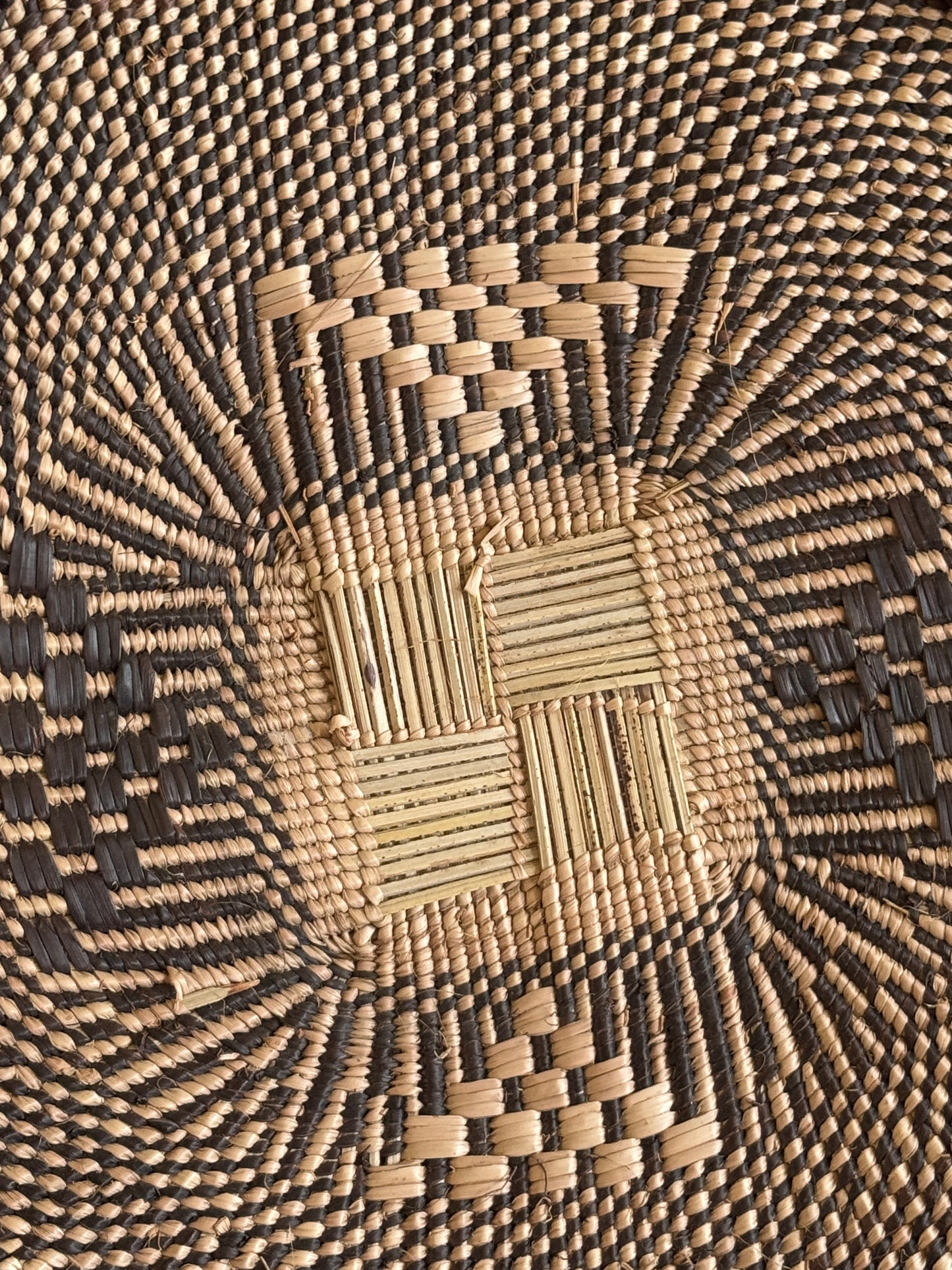 Vintage Woven African Flat Style Basket with Detailed Weaving Design