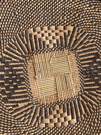 Vintage Woven African Flat Style Basket with Detailed Weaving Design