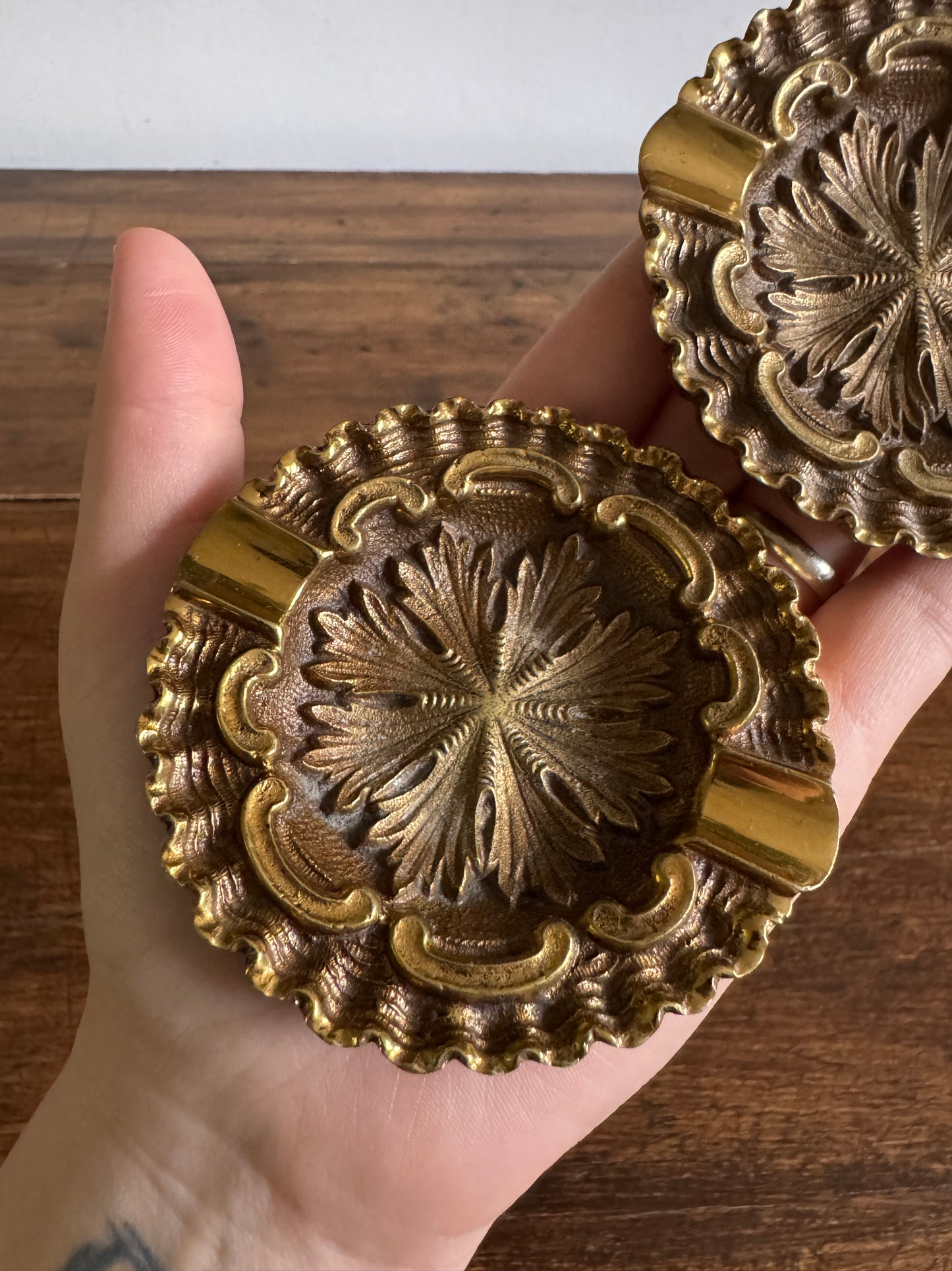 Two Heavy Ornate Brass Personal Sized Ashtrays with Stunning Scalloped and Flower Detailing