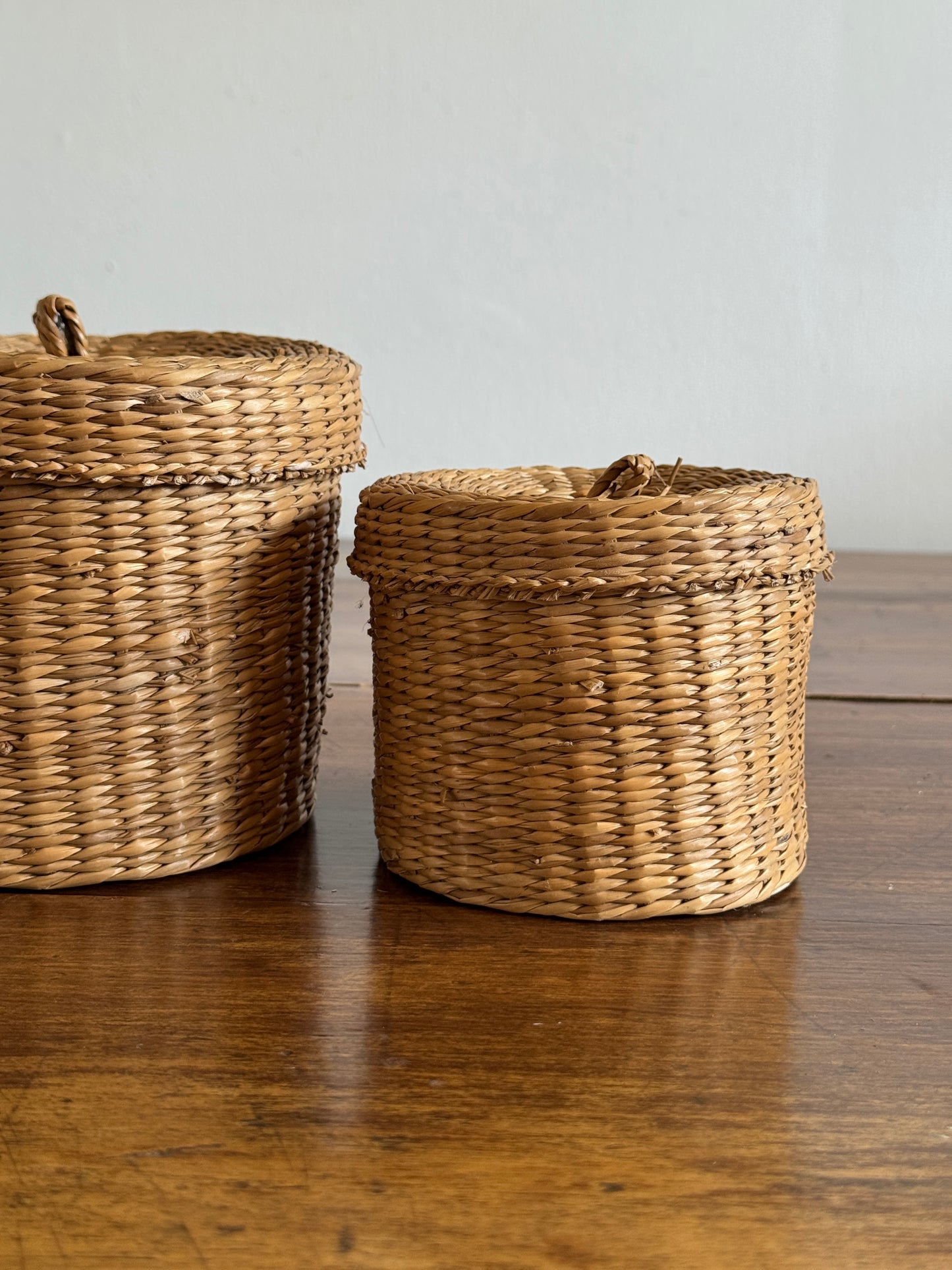 Set of Two Nesting Baskets - Woven Small Storage Baskets with Lids