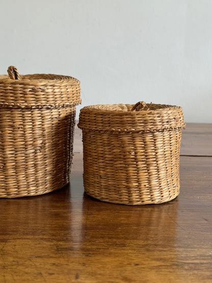 Set of Two Nesting Baskets - Woven Small Storage Baskets with Lids