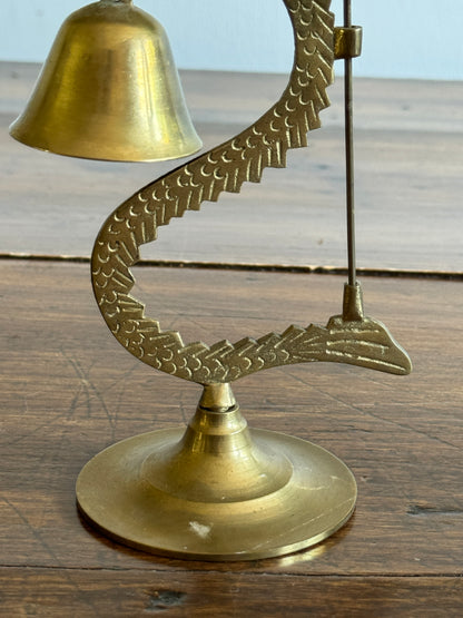 Vintage Brass Dragon Holding Bell with Small Hammer