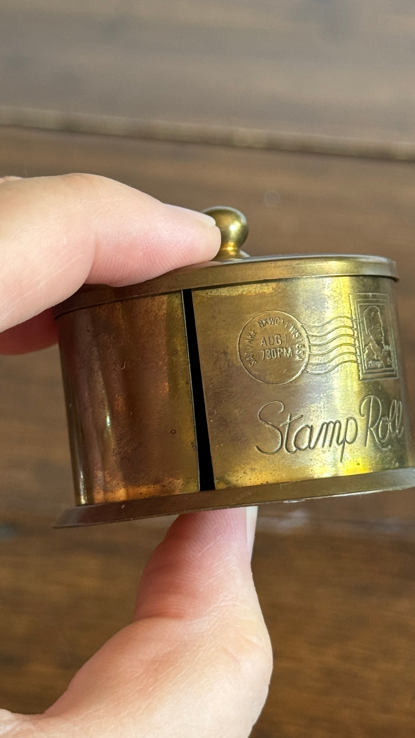 Vintage Brass Stamp Roll Holder with Embossed Detailing