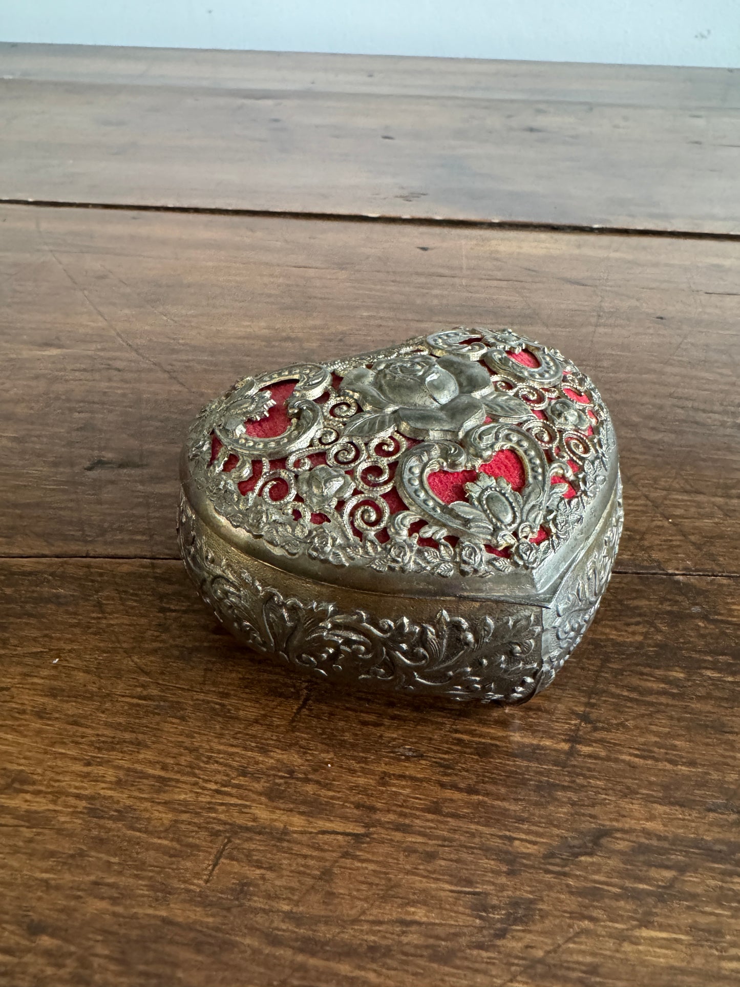 Small Vintage Heart Box with Ornate Metal Detailing Over Red Felt - Mini Trinket Box