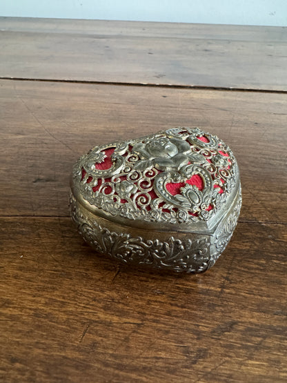 Small Vintage Heart Box with Ornate Metal Detailing Over Red Felt - Mini Trinket Box