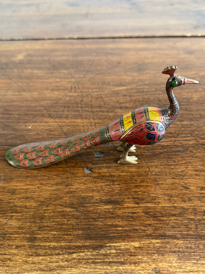 Brass Peacock Figurine with Etched and Enamel Painted Detailing