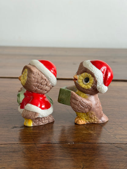 Vintage Set of Two Christmas Owl Figurines - Owl Caroling Decor