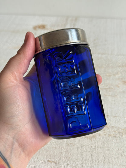 Single Vintage Cobalt Blue Glass with Metal Lid Pepper Shaker - Large Retro Kitchen Pepper Shaker