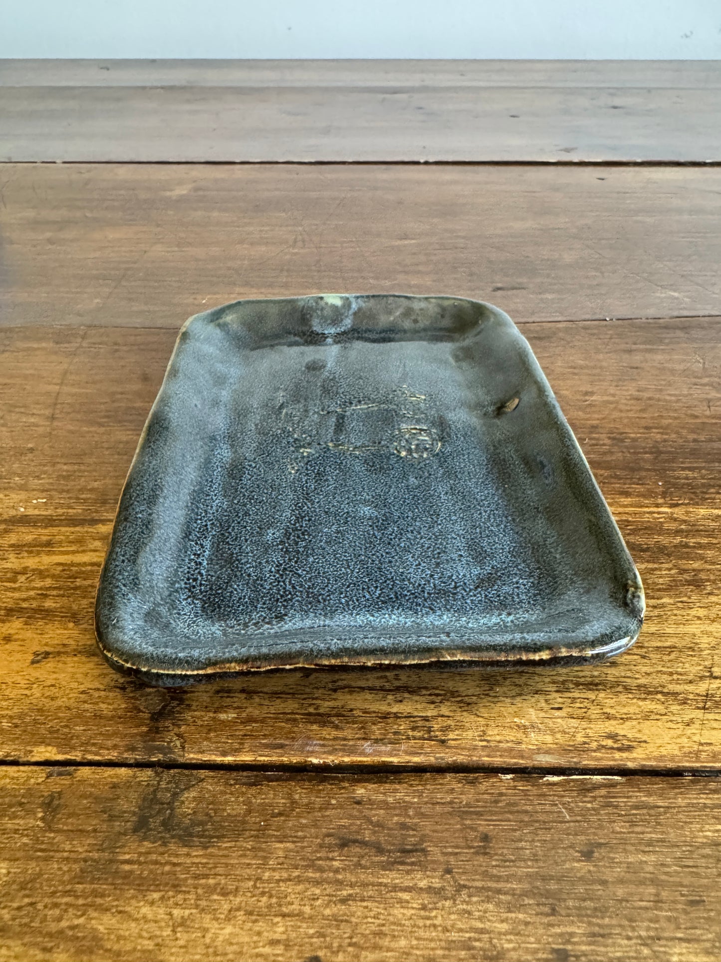 Small Blue Pottery Trinket Dish with Flower Design