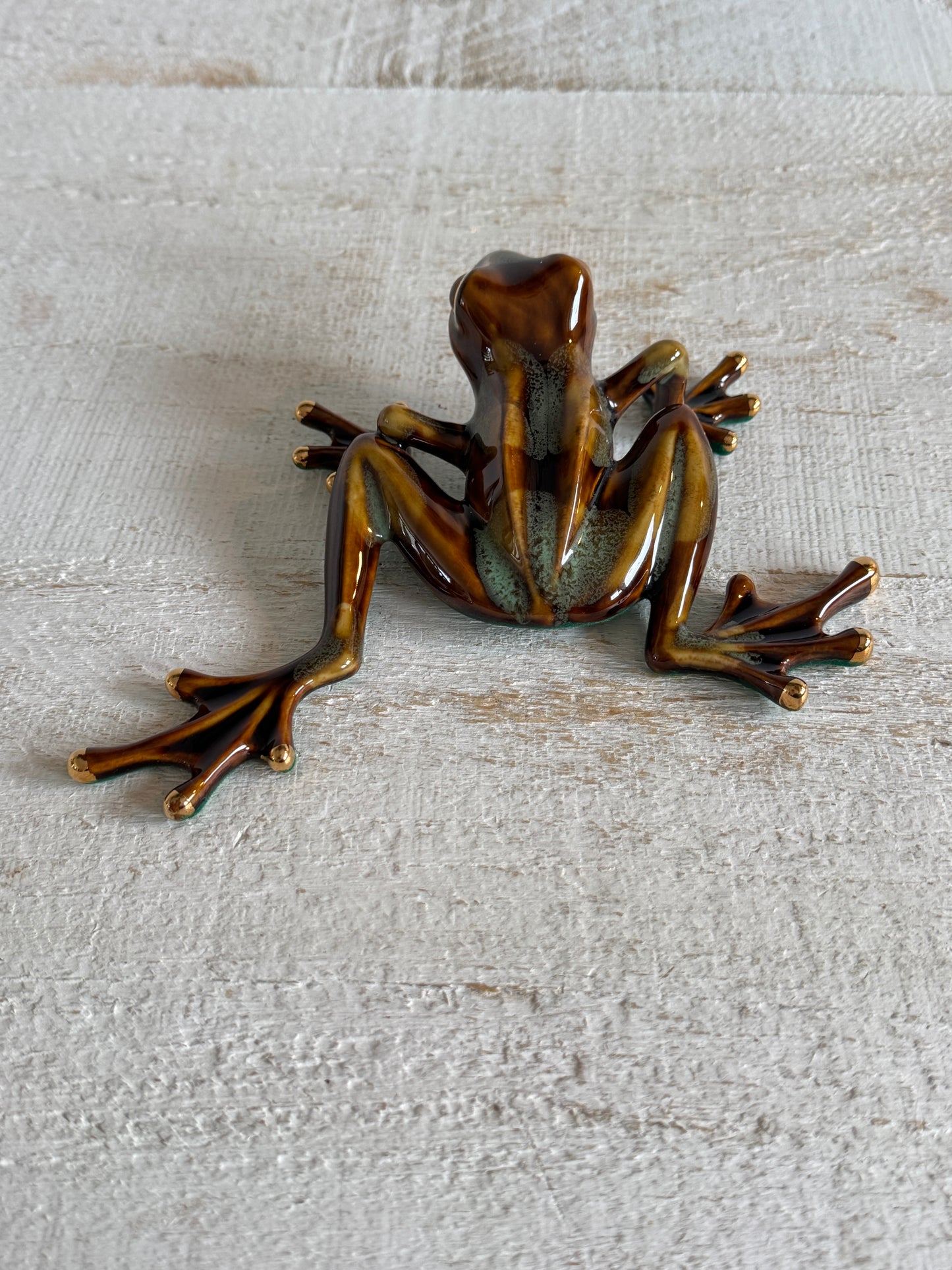 Vintage Pottery Frog with Large Feet - Gold and Green Glazed Frog Figurine