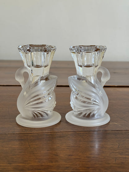 Vintage Frosted Crystal Swan Candlestick Holders by Partylite