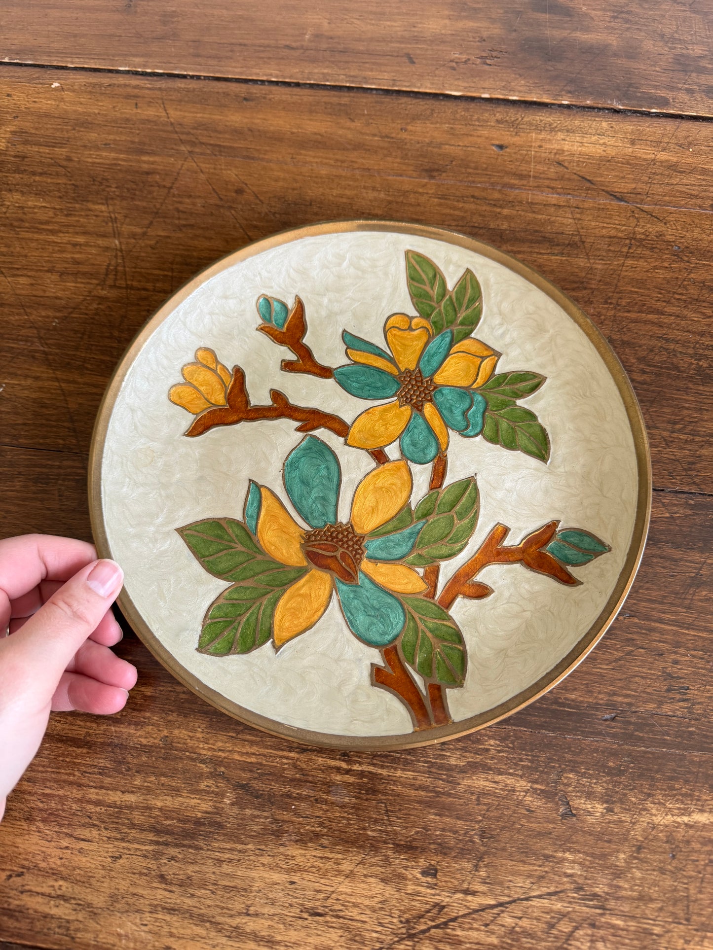 Heavy Enamel Brass Wall Plate with Flower and Leaf Design