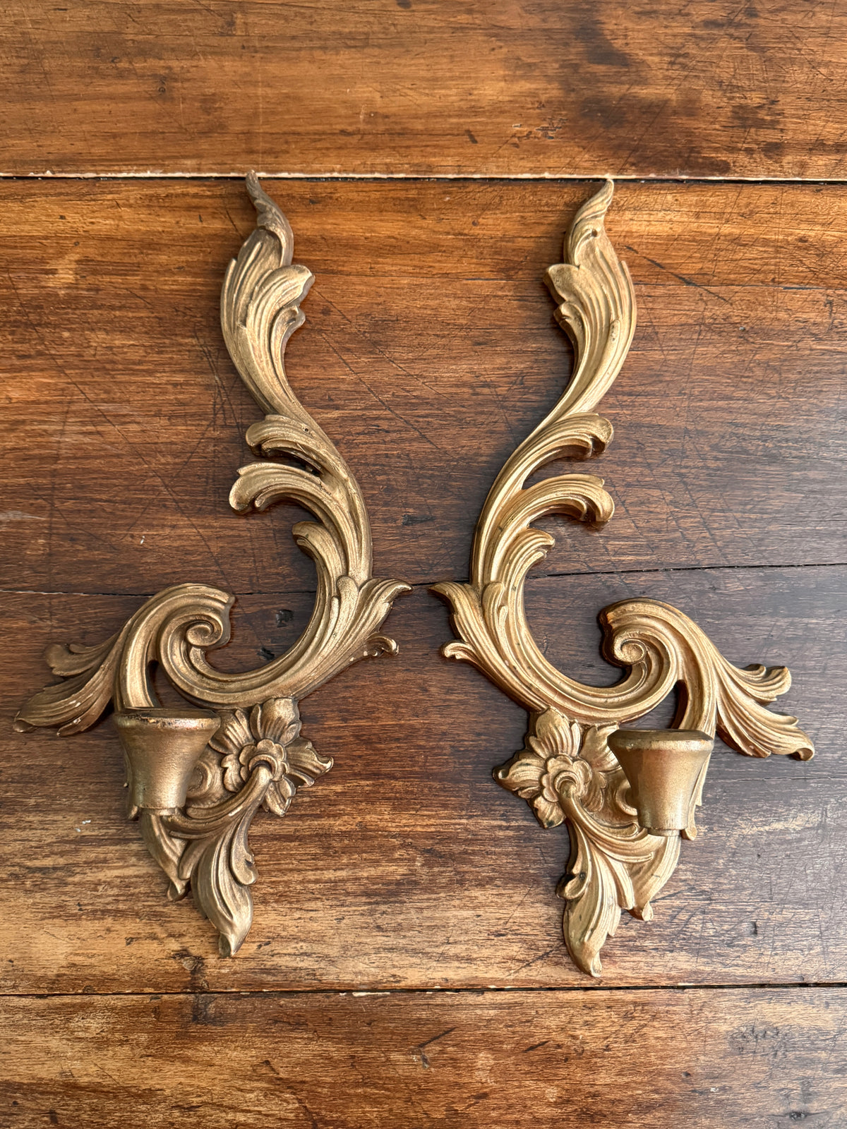 Vintage Pair of Ornate Carved Wood Durwood Candle Sconces