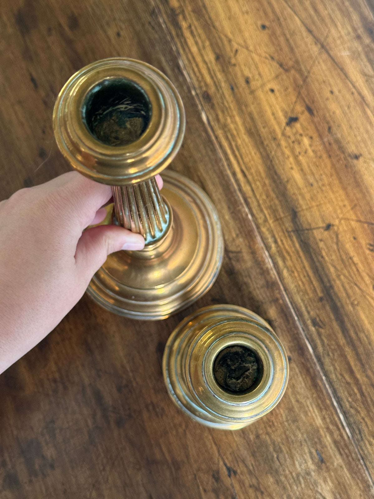 Vintage Pair of Brass Candlestick Holders with Ribbed Post and Weighted Bases