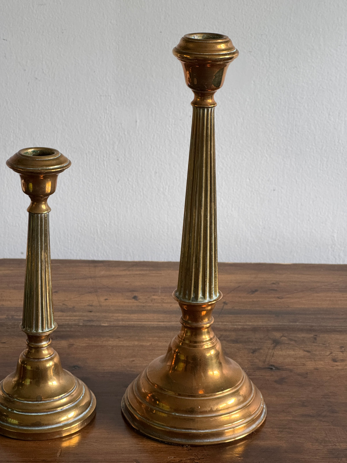 Vintage Pair of Brass Candlestick Holders with Ribbed Post and Weighted Bases