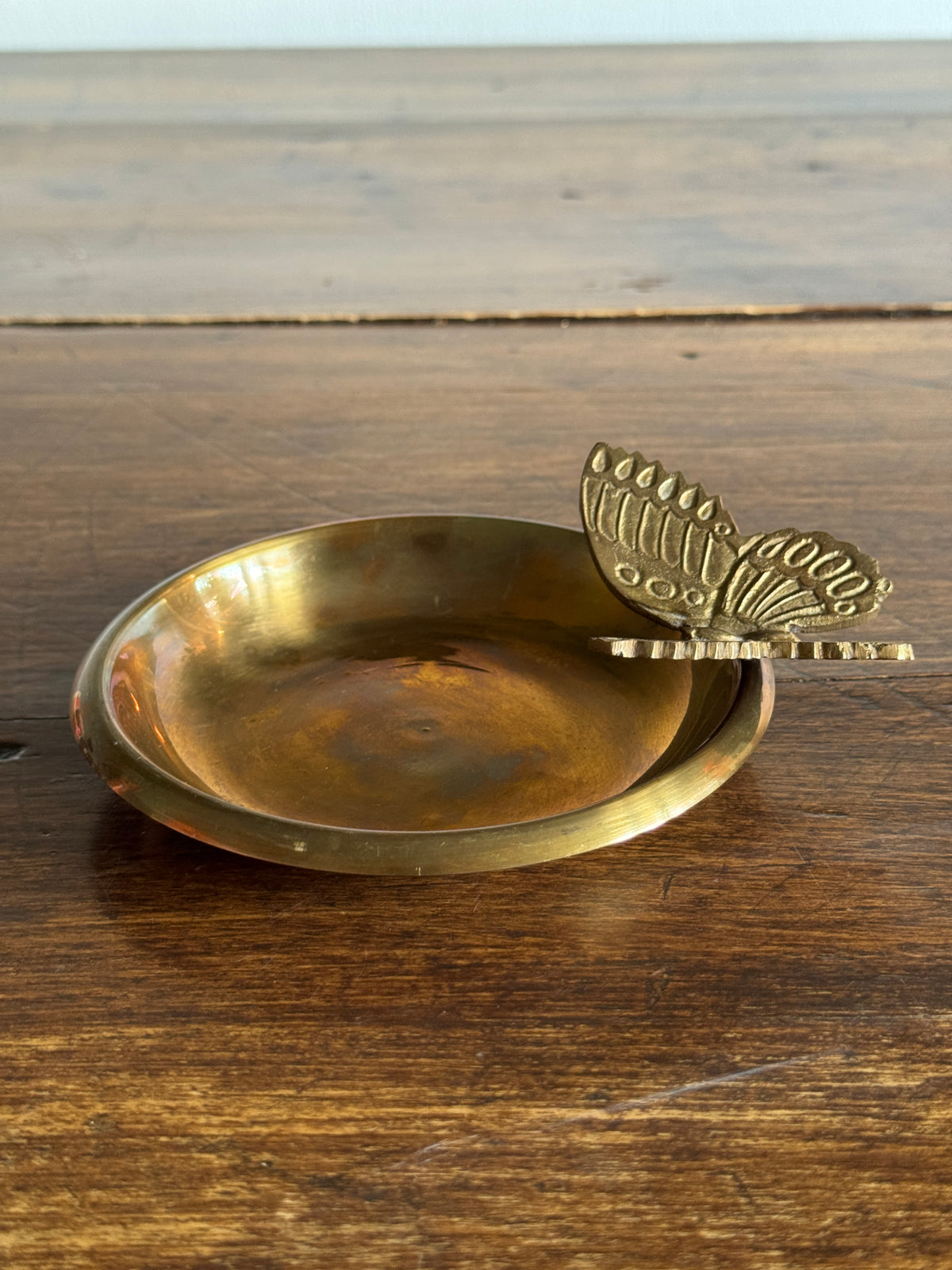 Vintage Brass Shallow Bowl with 3D Butterfly Embellishment - Brass Butterfly Tray