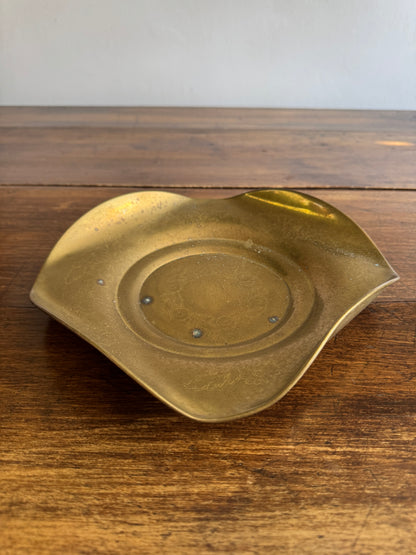 Vintage Curled Edge Brass Bowl with Light Floral Etched Pattern