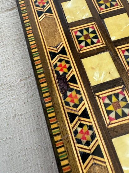 Small Travel Sized Folding Chess and Backgammon 2-in-1 Set with Stunning Marquetry Detailing and Wooden Pieces