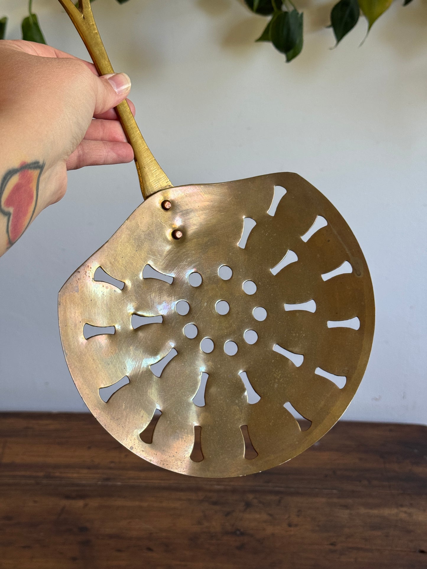Vintage XL Brass Strainer - Large Wall Hanging Kitchen Utensil