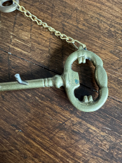 Vintage Brass Key Hook Shaped Like Old Key with Chain and Hooks