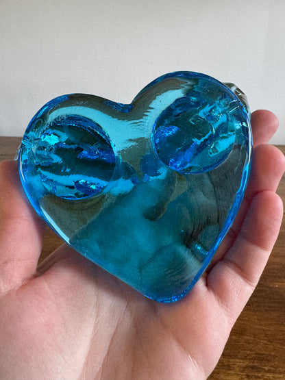 Vintage Glass Blue Birds of Happiness on Heart - Signed Paperweight